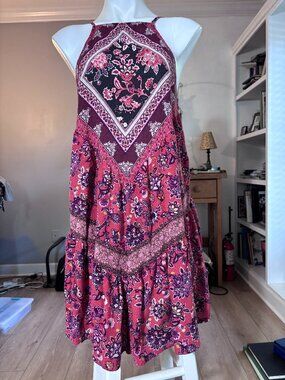American Eagle Outfitters Pink and Burgundy Floral Halter Mini Dress